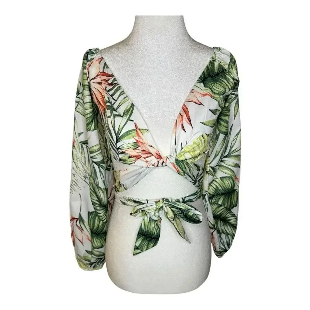 NEW Superdown Size XS Piper Puff Sleeve Wrap Top Tropical Multi NWT
